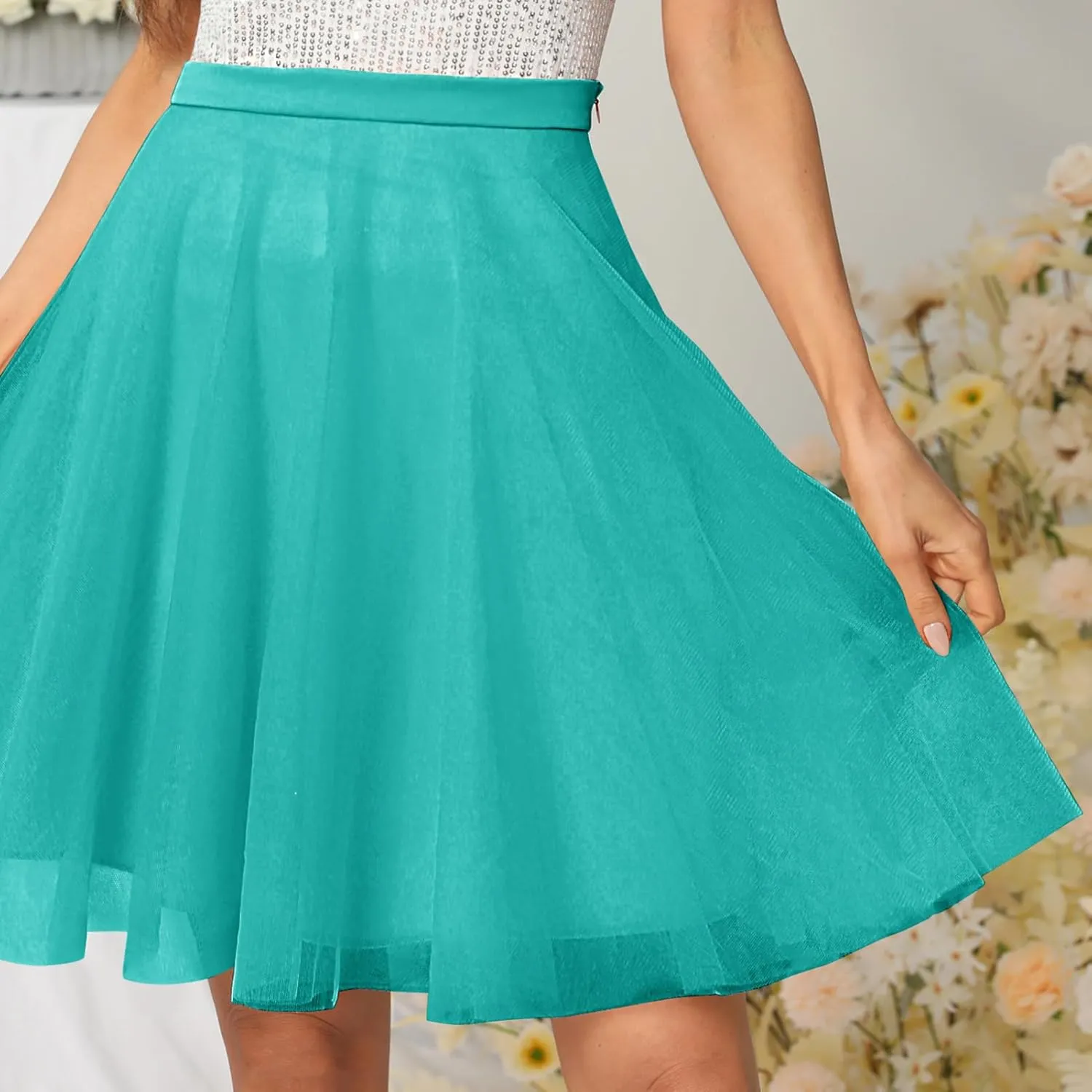 Womens Tulle Skirts Midi Elastic High Waist Pleated Mesh Flowy A-Line Party Tutu Skirts