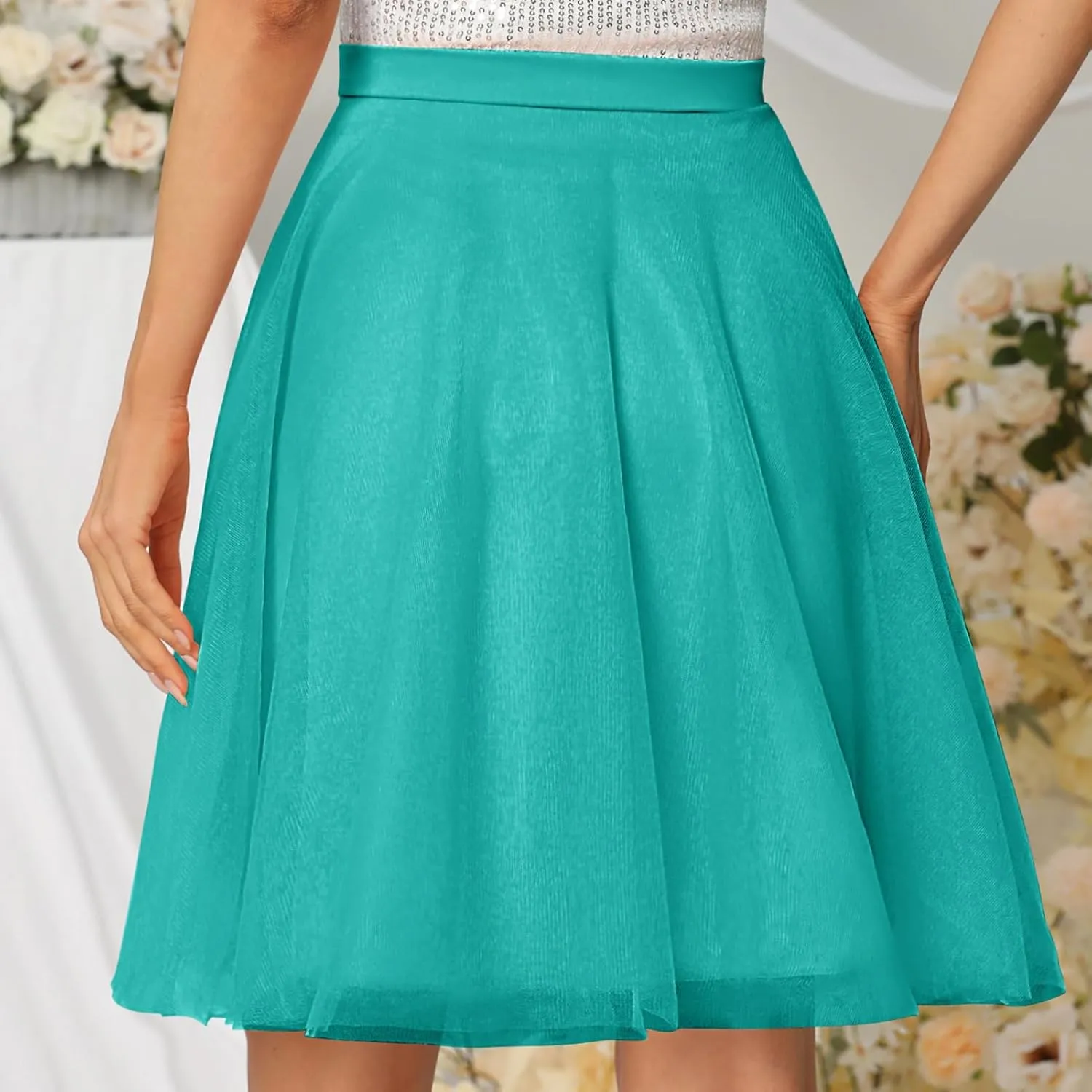 Womens Tulle Skirts Midi Elastic High Waist Pleated Mesh Flowy A-Line Party Tutu Skirts