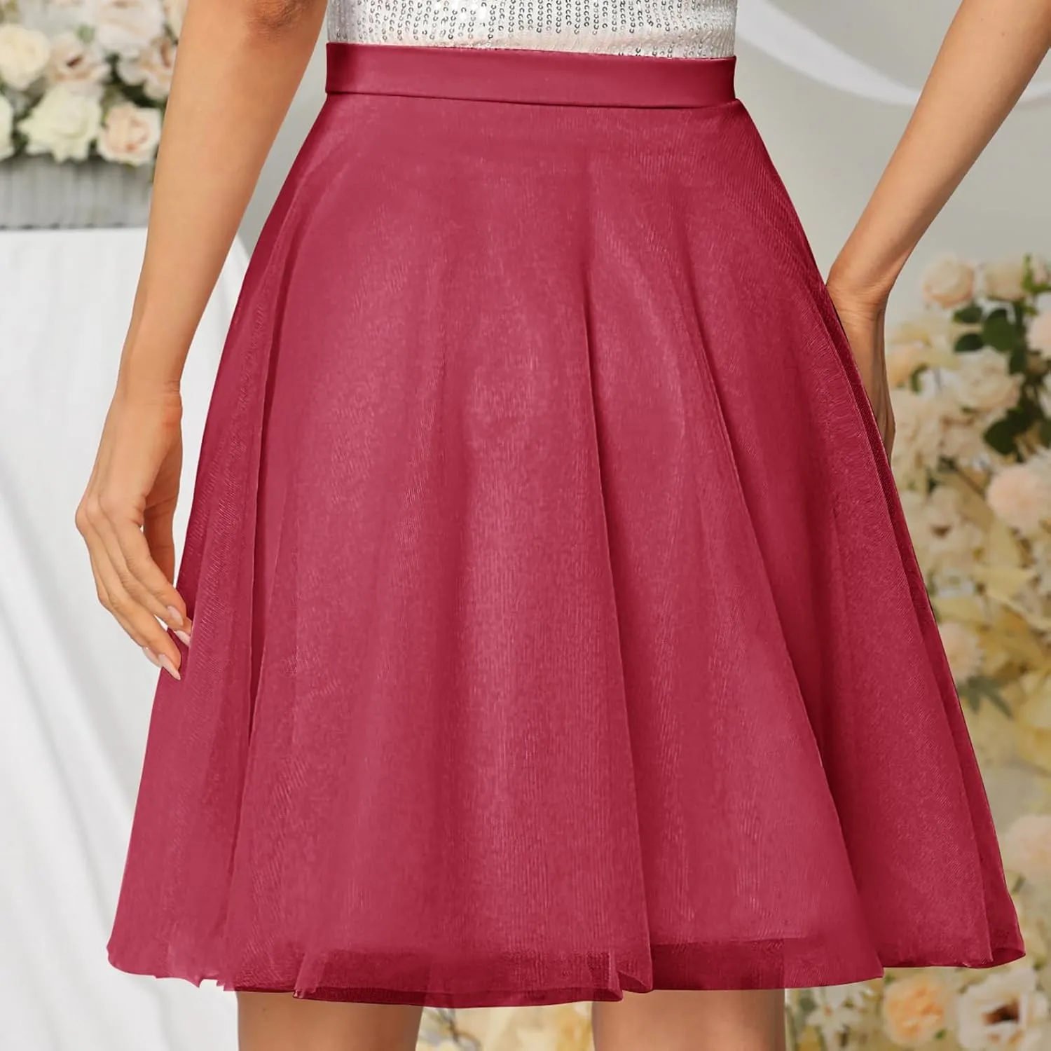 Womens Tulle Skirts Midi Elastic High Waist Pleated Mesh Flowy A-Line Party Tutu Skirts