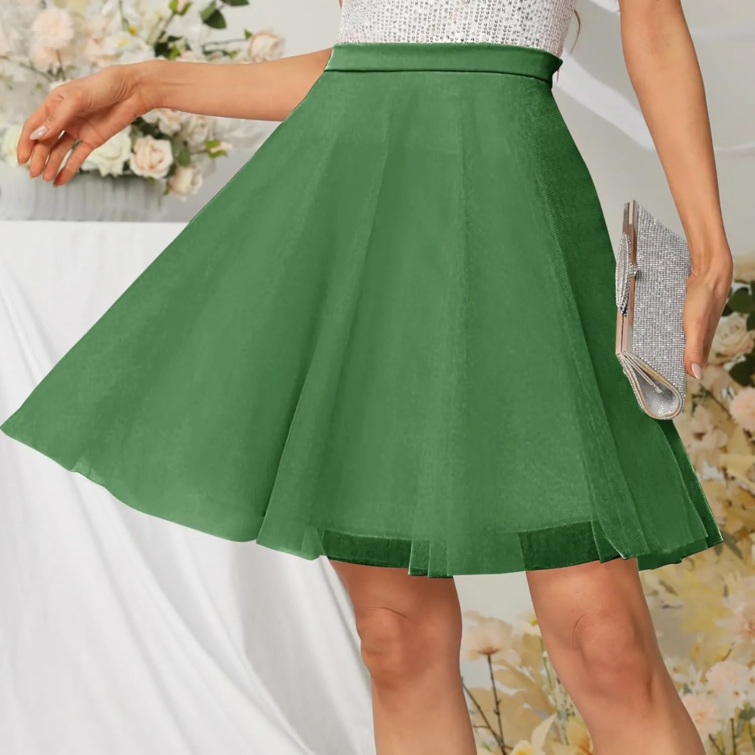 Womens Tulle Skirts Midi Elastic High Waist Pleated Mesh Flowy A-Line Party Tutu Skirts