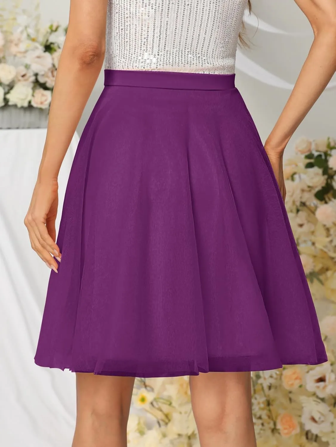 Womens Tulle Skirts Midi Elastic High Waist Pleated Mesh Flowy A-Line Party Tutu Skirts