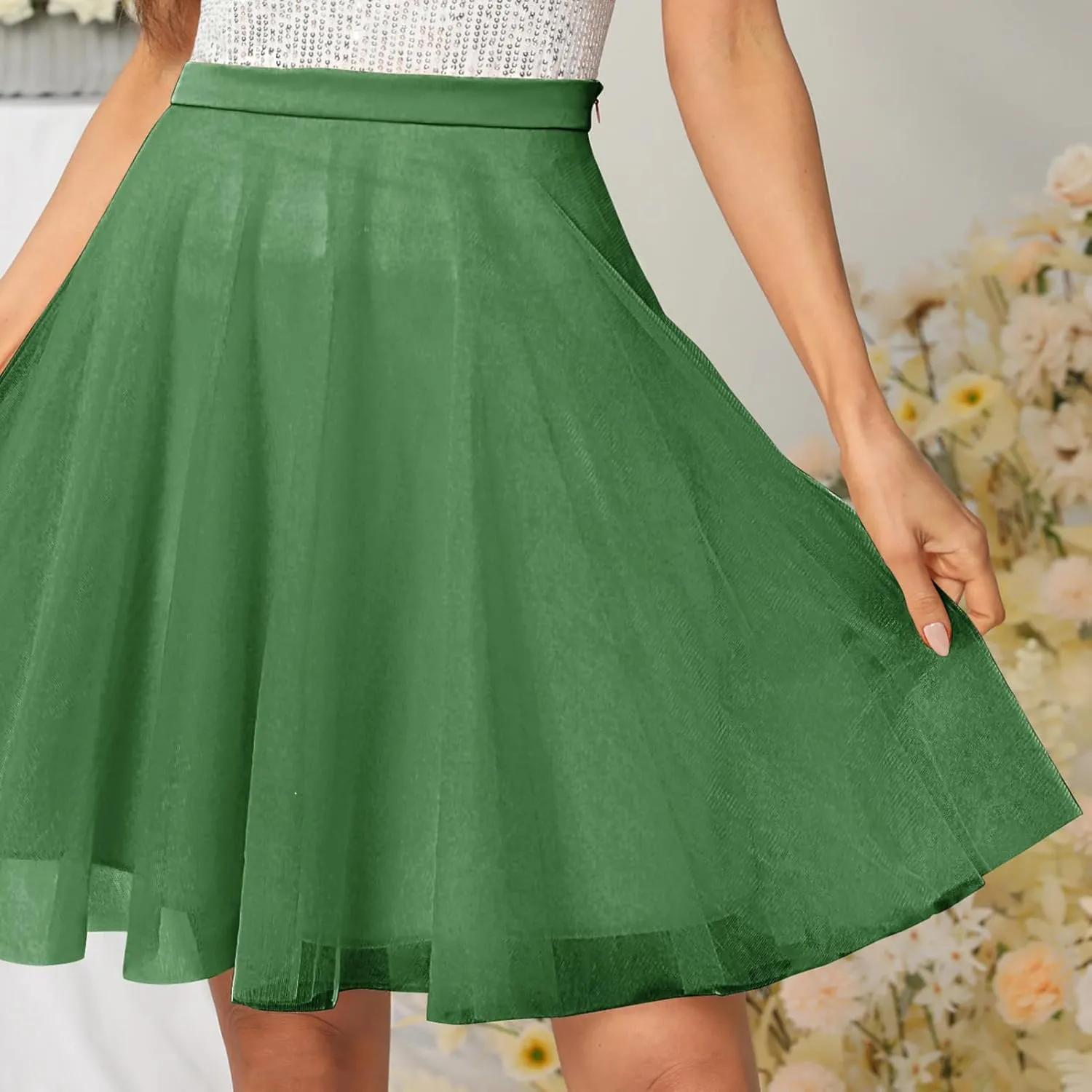 Womens Tulle Skirts Midi Elastic High Waist Pleated Mesh Flowy A-Line Party Tutu Skirts