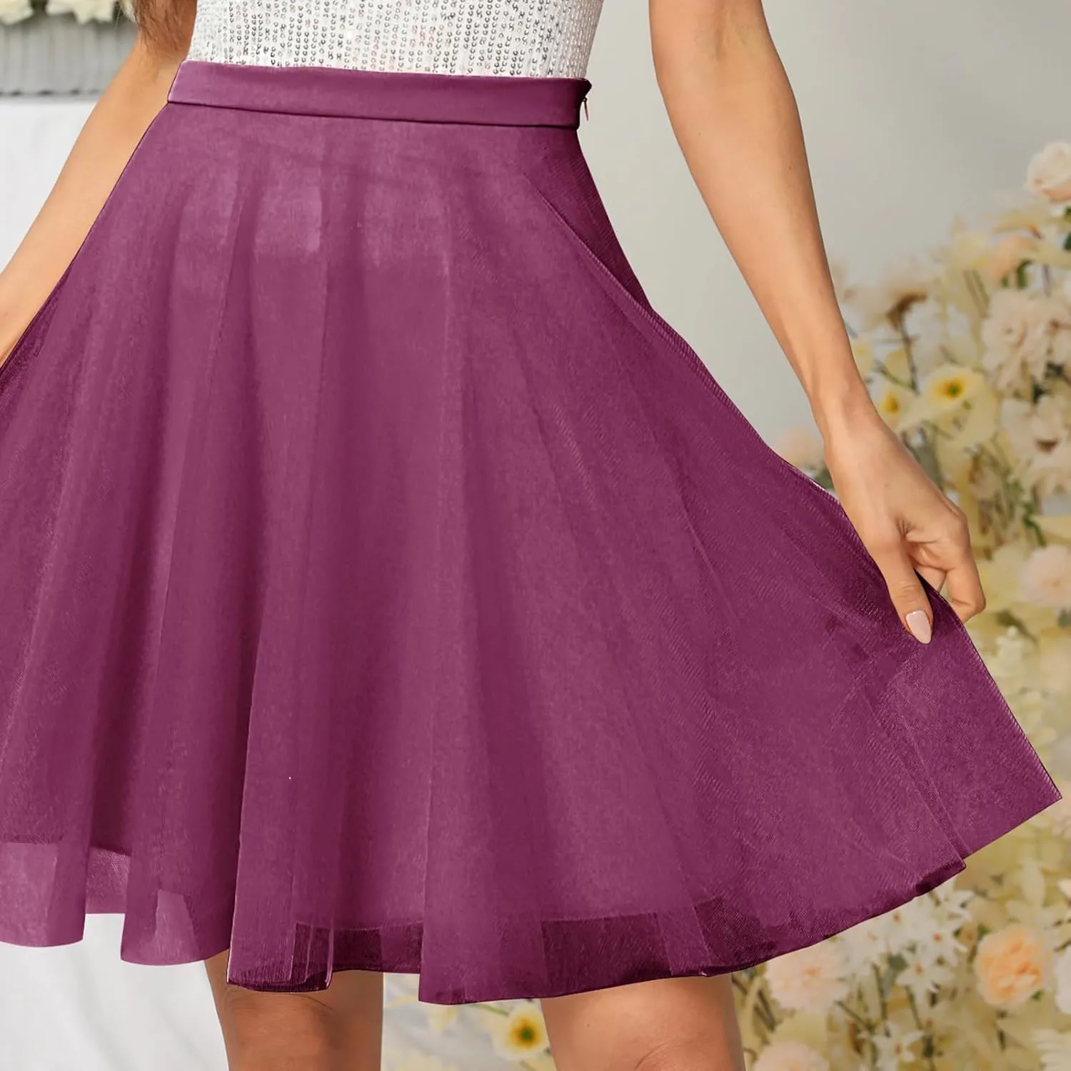 Womens Tulle Skirts Midi Elastic High Waist Pleated Mesh Flowy A-Line Party Tutu Skirts