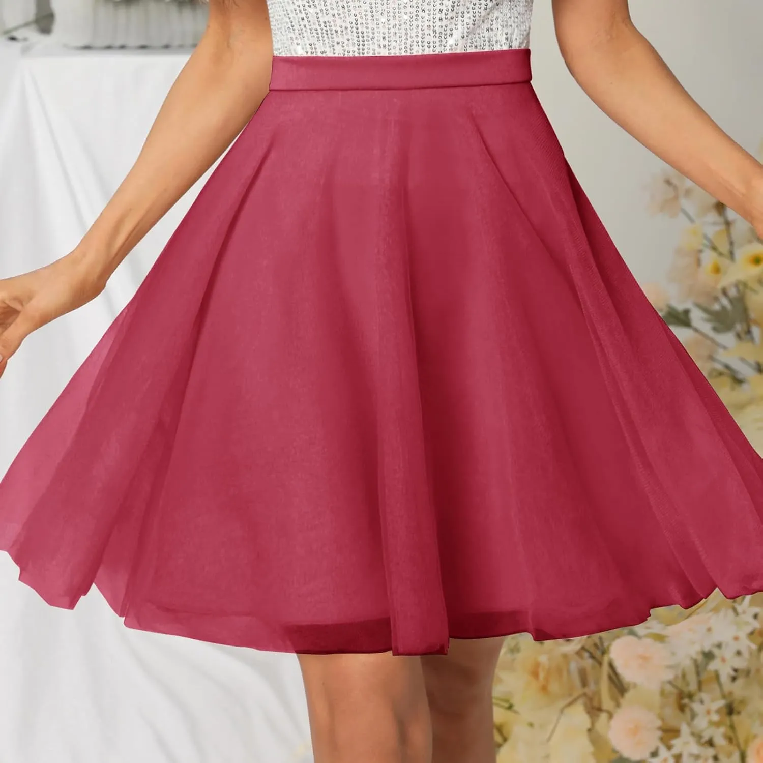 Womens Tulle Skirts Midi Elastic High Waist Pleated Mesh Flowy A-Line Party Tutu Skirts