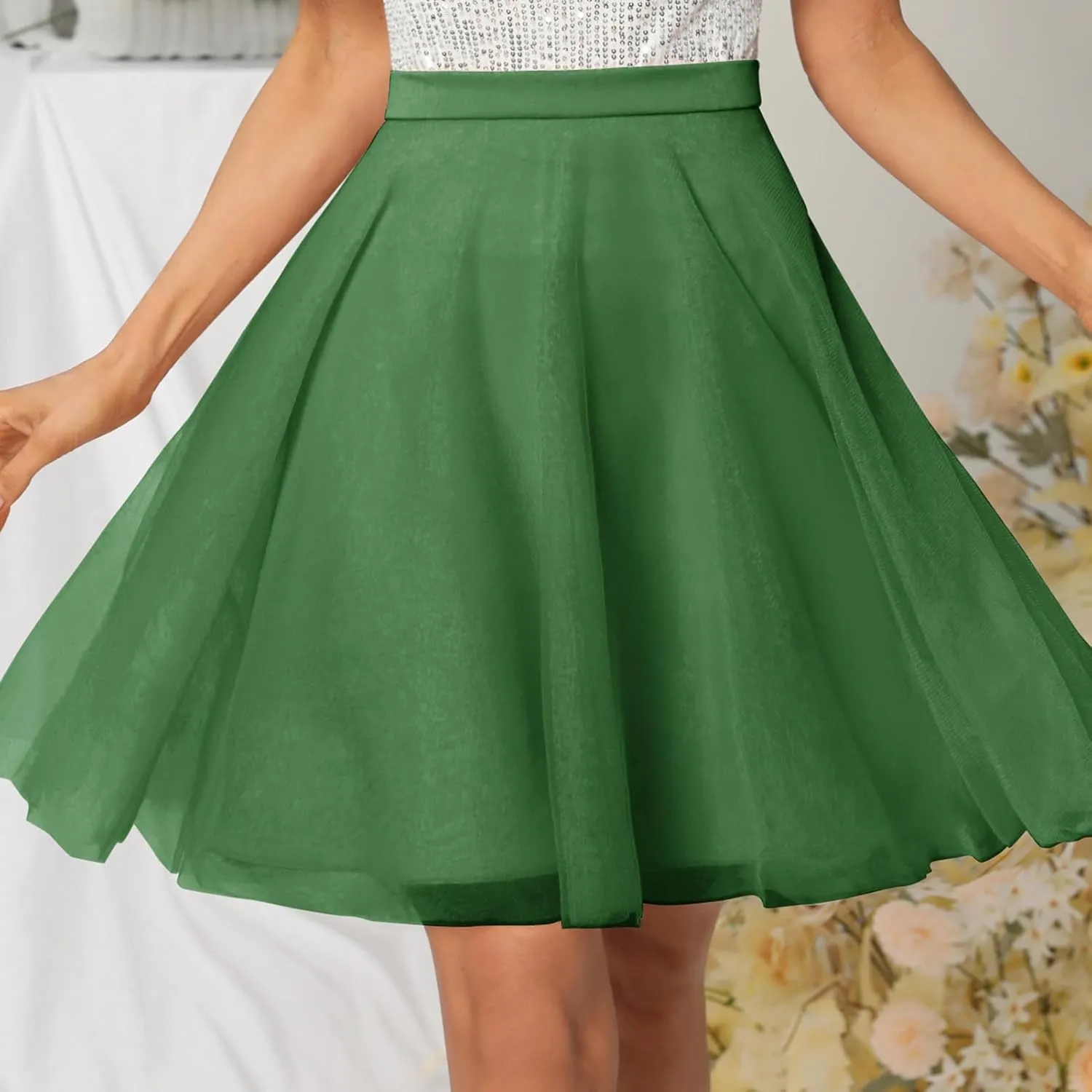 Womens Tulle Skirts Midi Elastic High Waist Pleated Mesh Flowy A-Line Party Tutu Skirts
