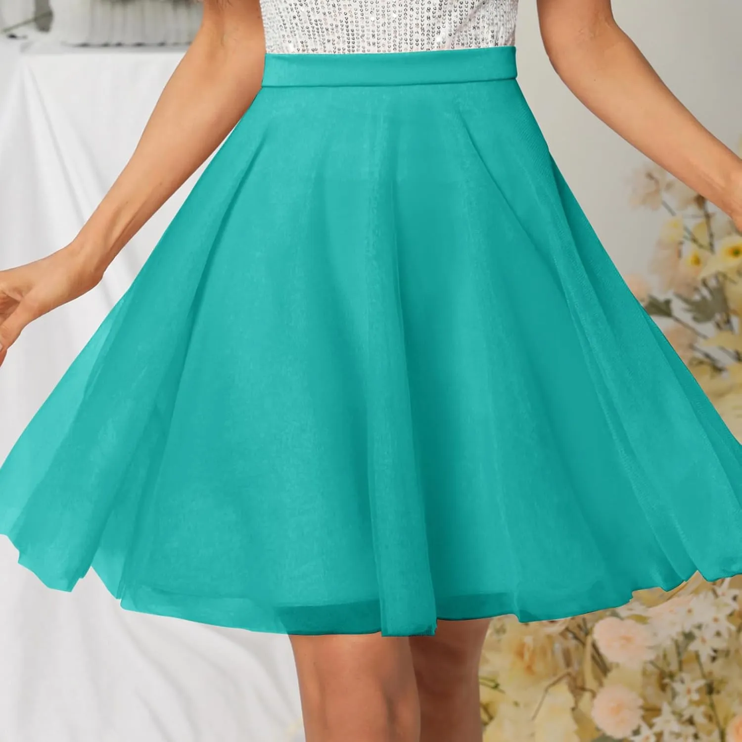 Womens Tulle Skirts Midi Elastic High Waist Pleated Mesh Flowy A-Line Party Tutu Skirts