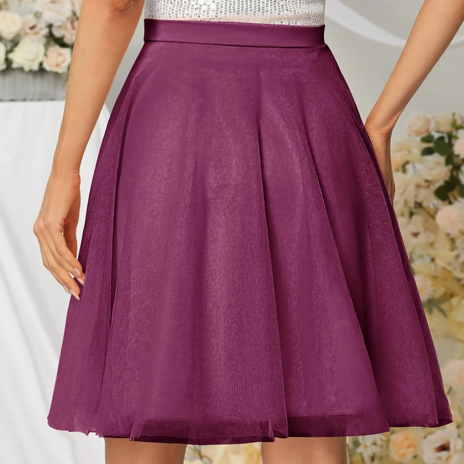 Womens Tulle Skirts Midi Elastic High Waist Pleated Mesh Flowy A-Line Party Tutu Skirts