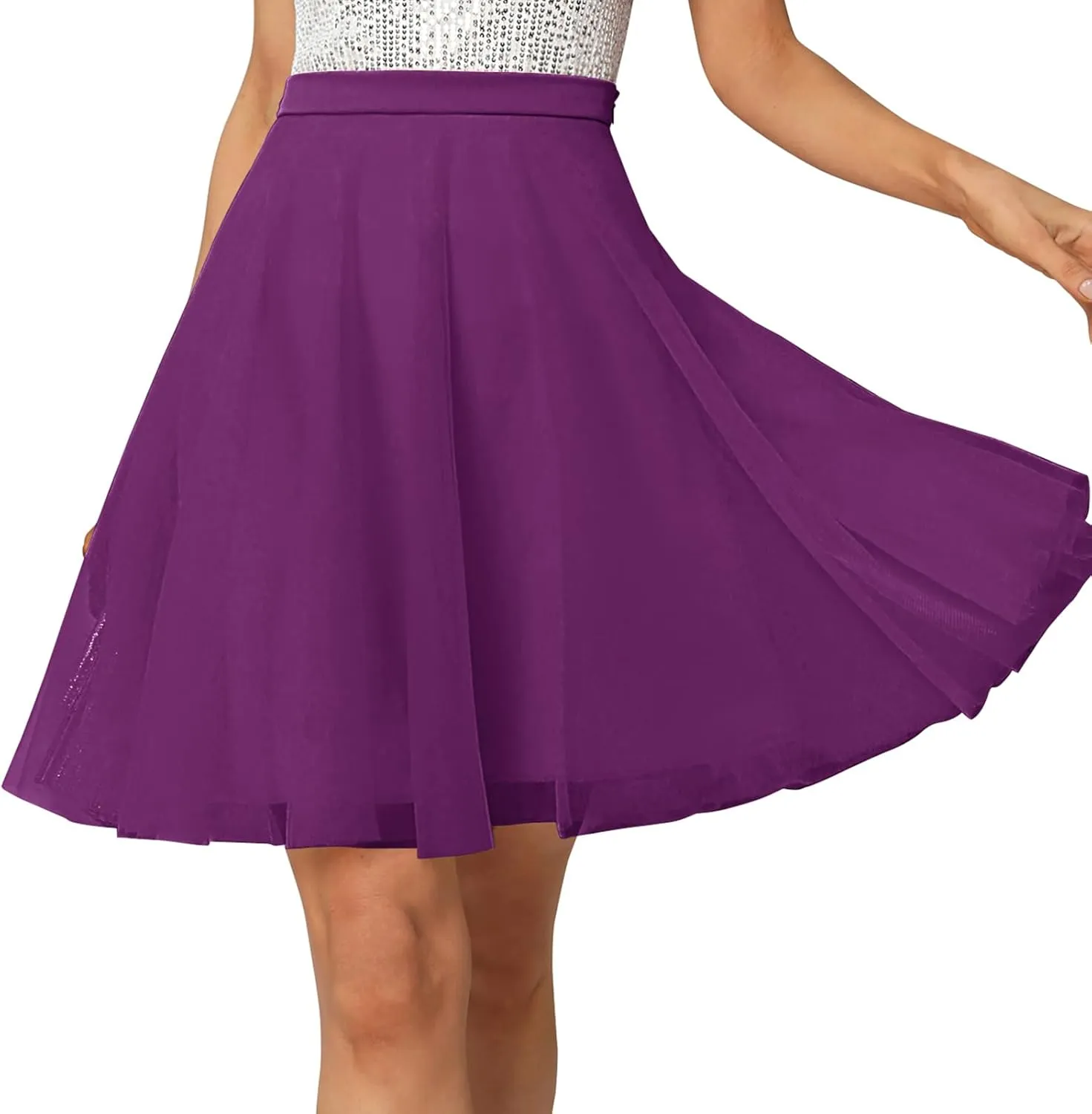 Womens Tulle Skirts Midi Elastic High Waist Pleated Mesh Flowy A-Line Party Tutu Skirts