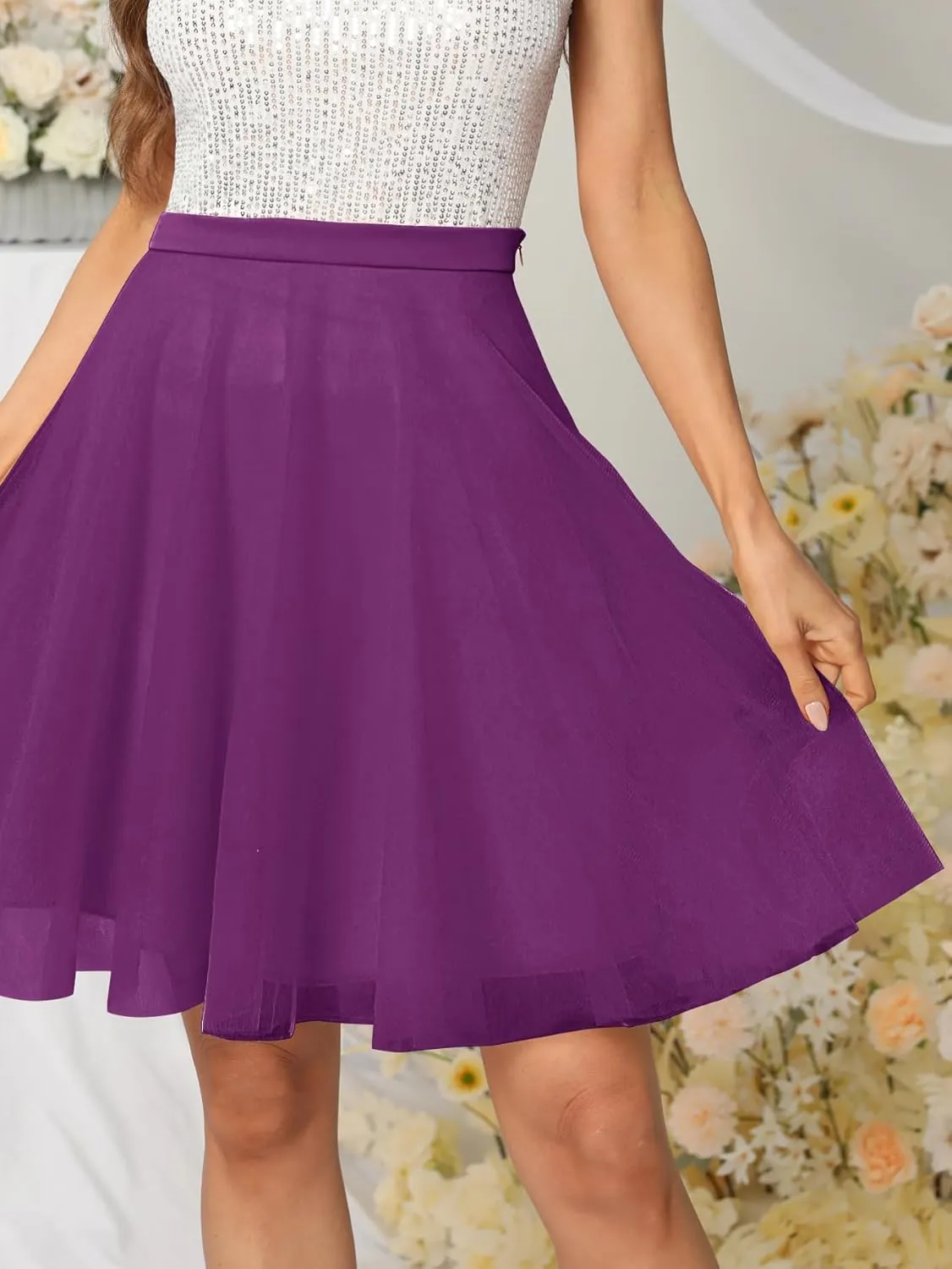 Womens Tulle Skirts Midi Elastic High Waist Pleated Mesh Flowy A-Line Party Tutu Skirts