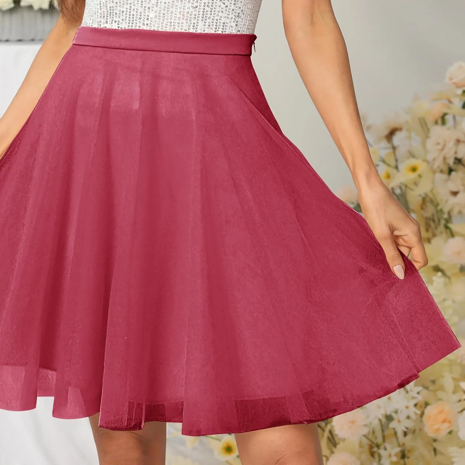 Womens Tulle Skirts Midi Elastic High Waist Pleated Mesh Flowy A-Line Party Tutu Skirts