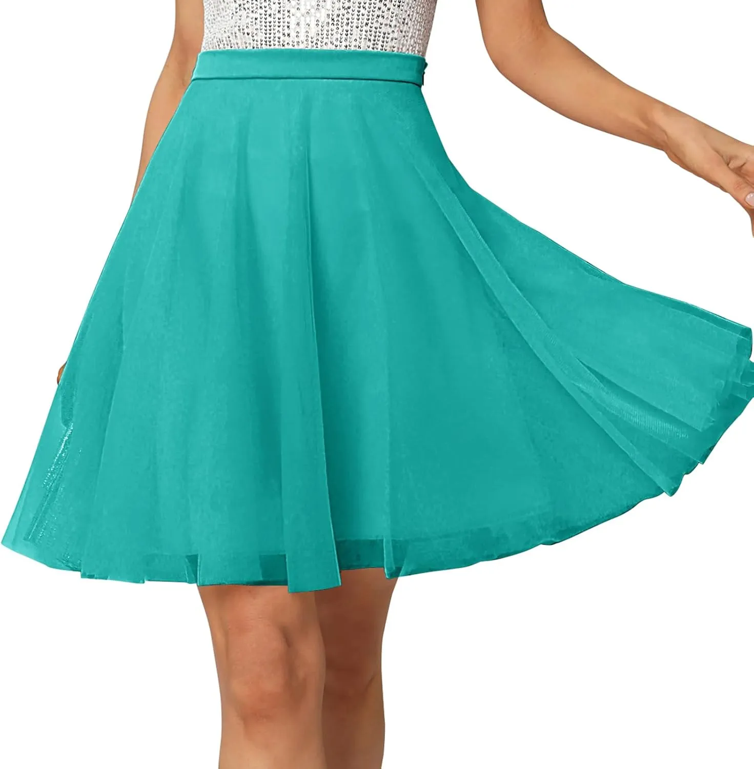 Womens Tulle Skirts Midi Elastic High Waist Pleated Mesh Flowy A-Line Party Tutu Skirts