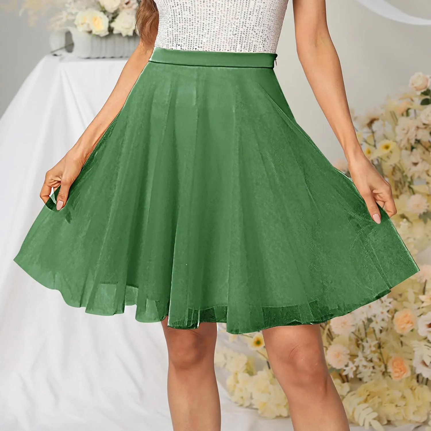 Womens Tulle Skirts Midi Elastic High Waist Pleated Mesh Flowy A-Line Party Tutu Skirts
