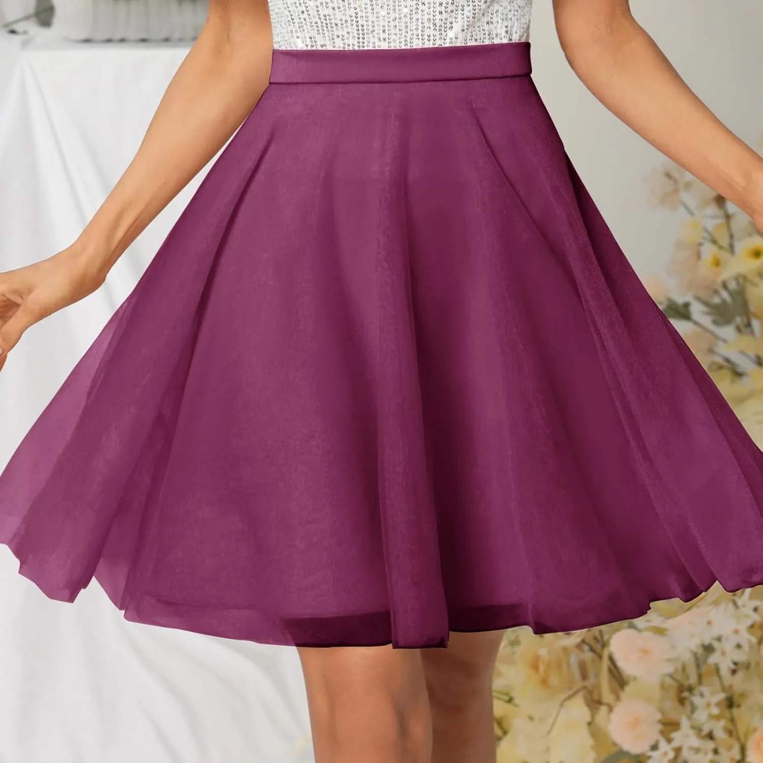 Womens Tulle Skirts Midi Elastic High Waist Pleated Mesh Flowy A-Line Party Tutu Skirts