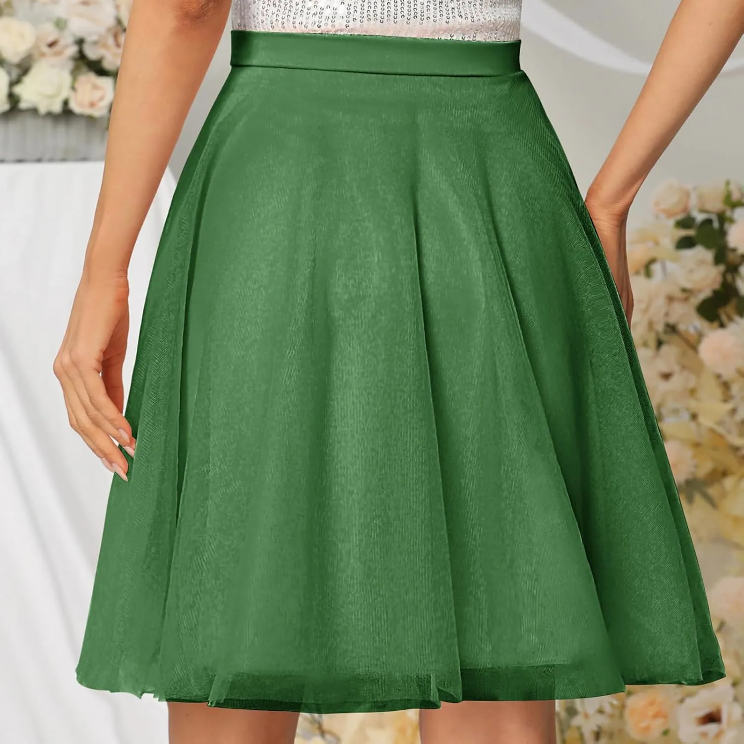 Womens Tulle Skirts Midi Elastic High Waist Pleated Mesh Flowy A-Line Party Tutu Skirts