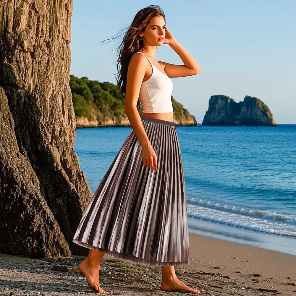 Women's Velvet Pleated Skirt A-Line High Elastic Waist Swing Flare Midi Skirt Women Skirt Midi Swing A-line Skirts, Khaki