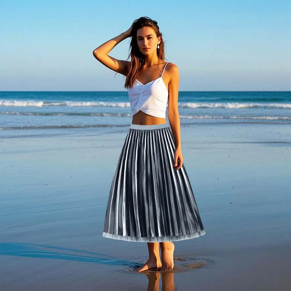 Women's Velvet Pleated Skirt A-Line High Elastic Waist Swing Flare Midi Skirt Women Skirt Midi Swing A-line Skirts, Khaki