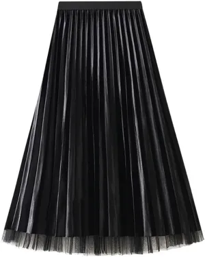 Women's Velvet Pleated Skirt A-Line Women Skirt Midi Swing A-line Skirts High Elastic Waist Swing Flare Midi Skirt