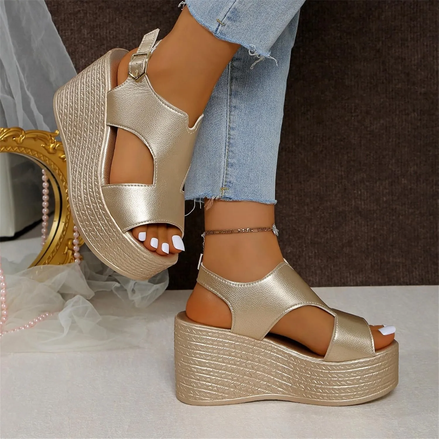 Womens Wedge Sandals, Orthopedic Sandals for Women Open Toe Wedge Platform Slides with Back Strap Summer Slip On Walking Shoes