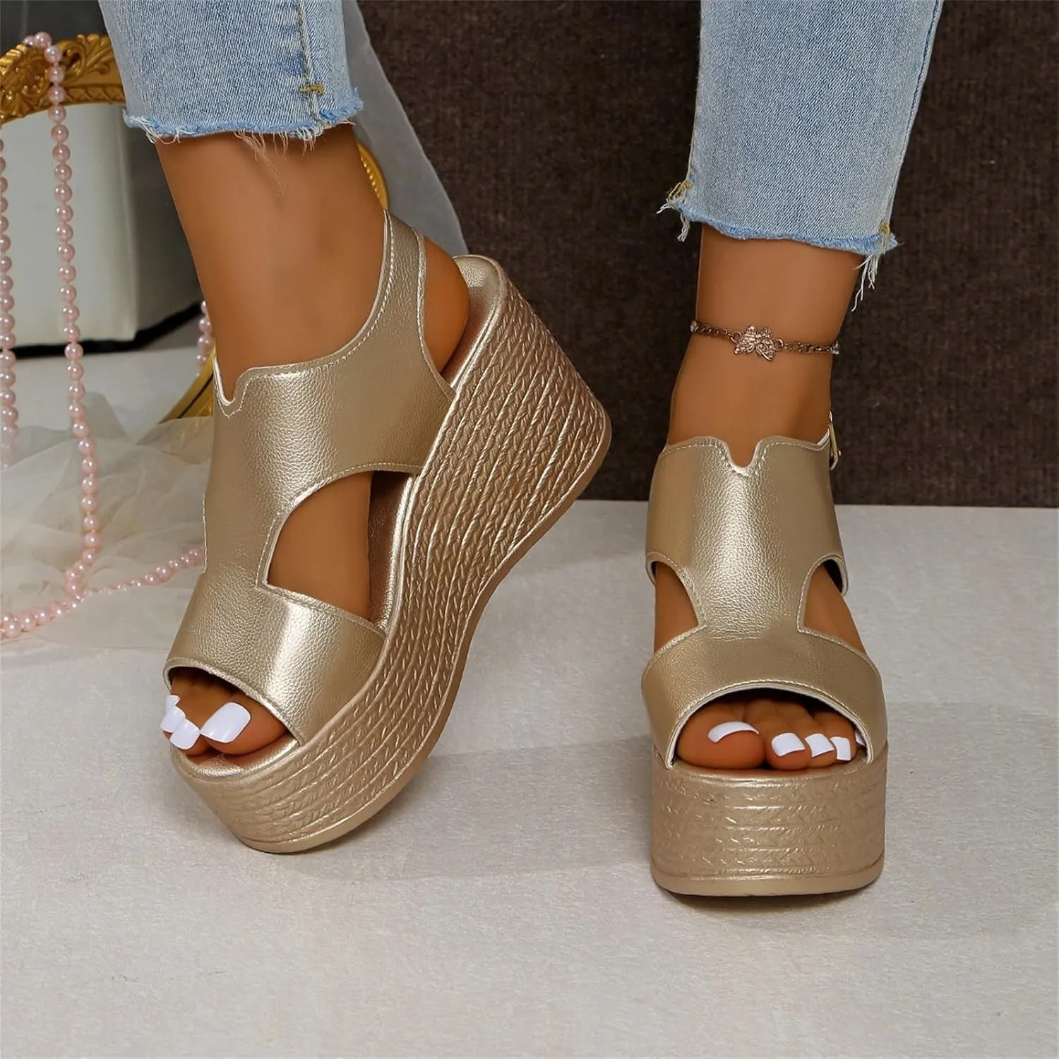 Womens Wedge Sandals, Orthopedic Sandals for Women Open Toe Wedge Platform Slides with Back Strap Summer Slip On Walking Shoes