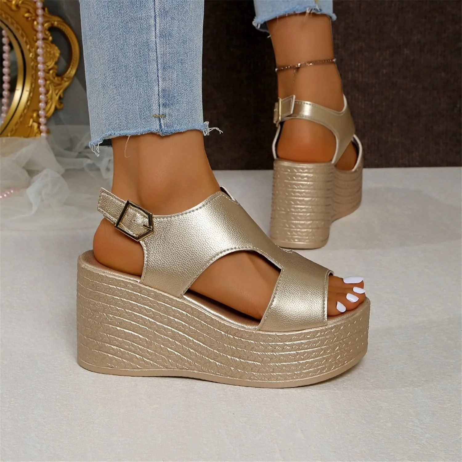 Womens Wedge Sandals, Orthopedic Sandals for Women Open Toe Wedge Platform Slides with Back Strap Summer Slip On Walking Shoes