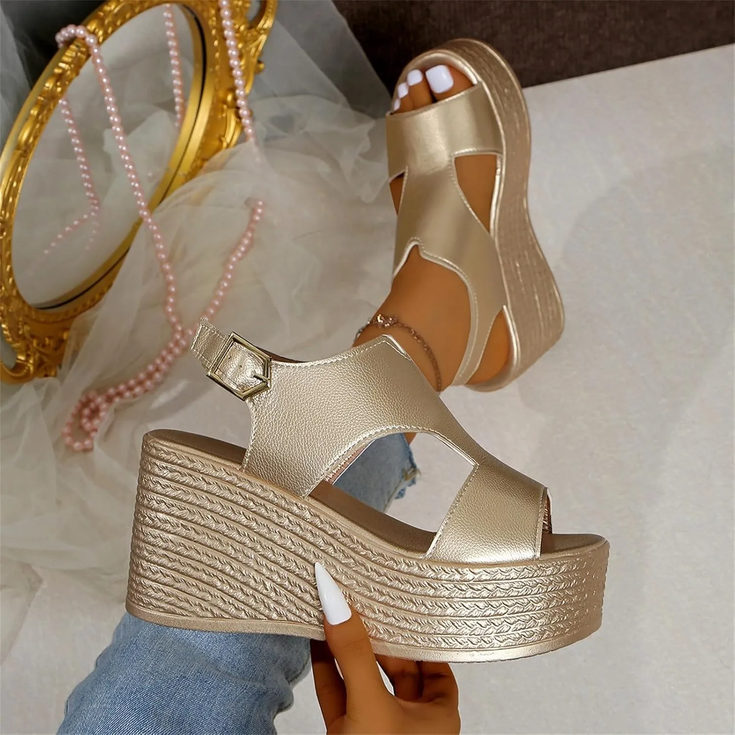 Womens Wedge Sandals, Orthopedic Sandals for Women Open Toe Wedge Platform Slides with Back Strap Summer Slip On Walking Shoes