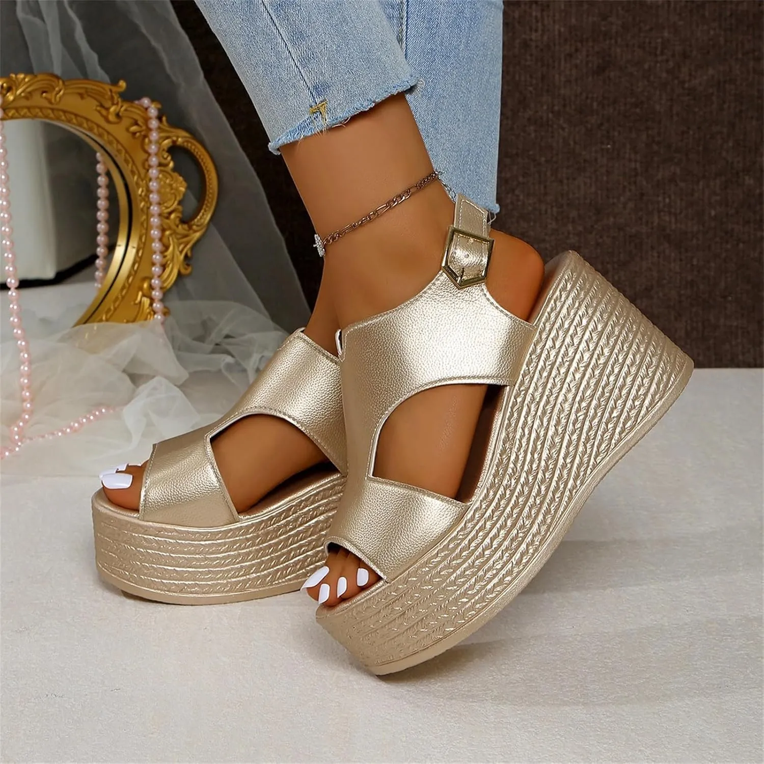 Womens Wedge Sandals, Orthopedic Sandals for Women Open Toe Wedge Platform Slides with Back Strap Summer Slip On Walking Shoes