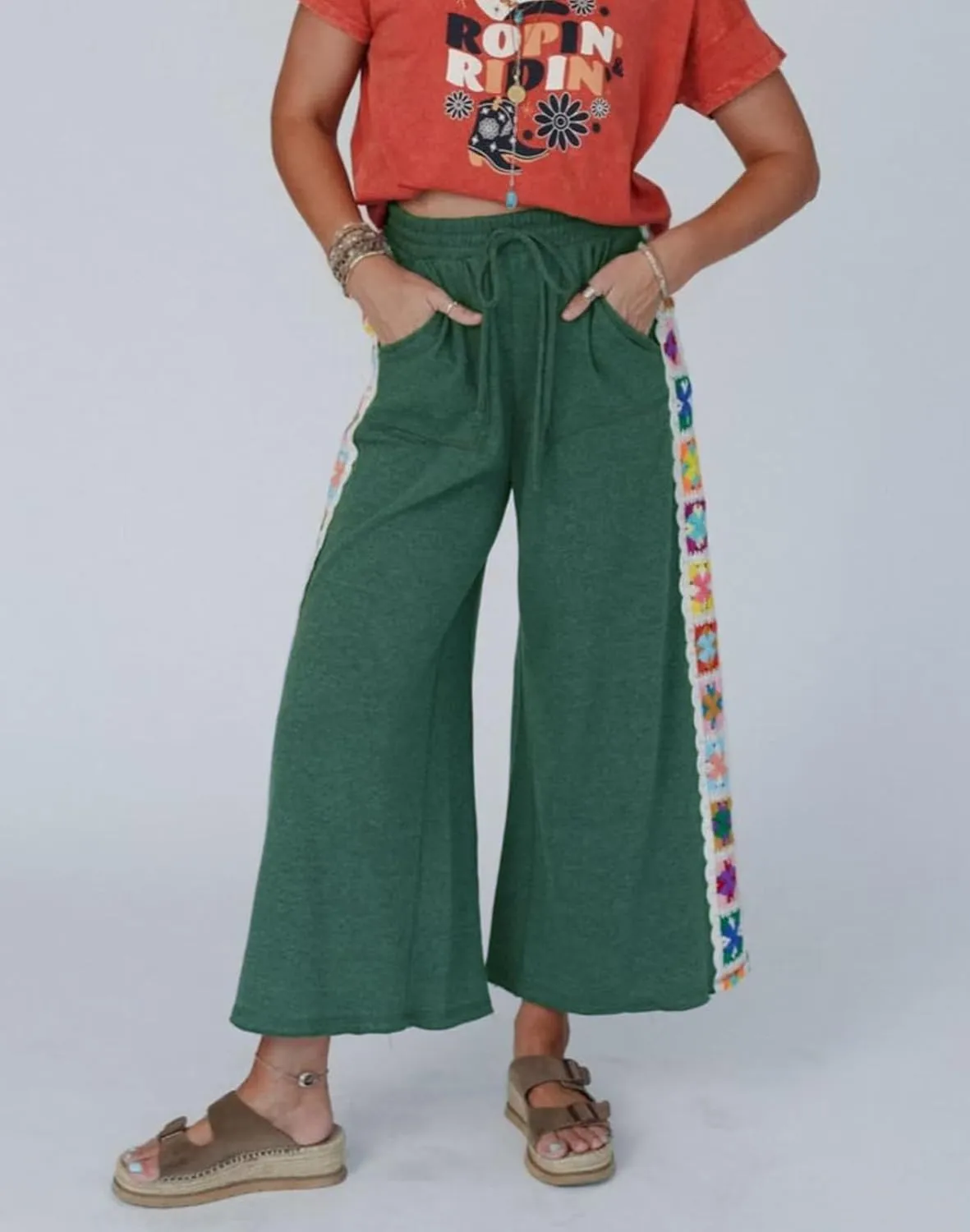 Womens Wide Leg Pants Casual Comfy Crochet Lounge Sweatpants Summer Beach Flowy Palazzo Pants with Pockets