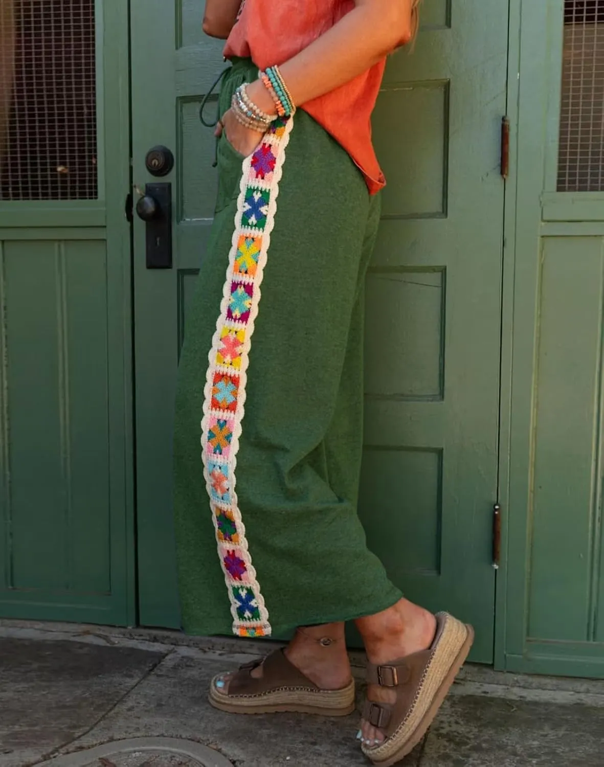 Womens Wide Leg Pants Casual Comfy Crochet Lounge Sweatpants Summer Beach Flowy Palazzo Pants with Pockets