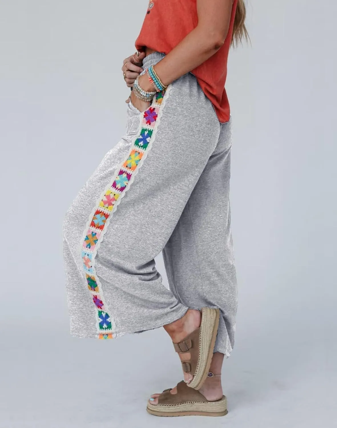Womens Wide Leg Pants Casual Comfy Crochet Lounge Sweatpants Summer Beach Flowy Palazzo Pants with Pockets