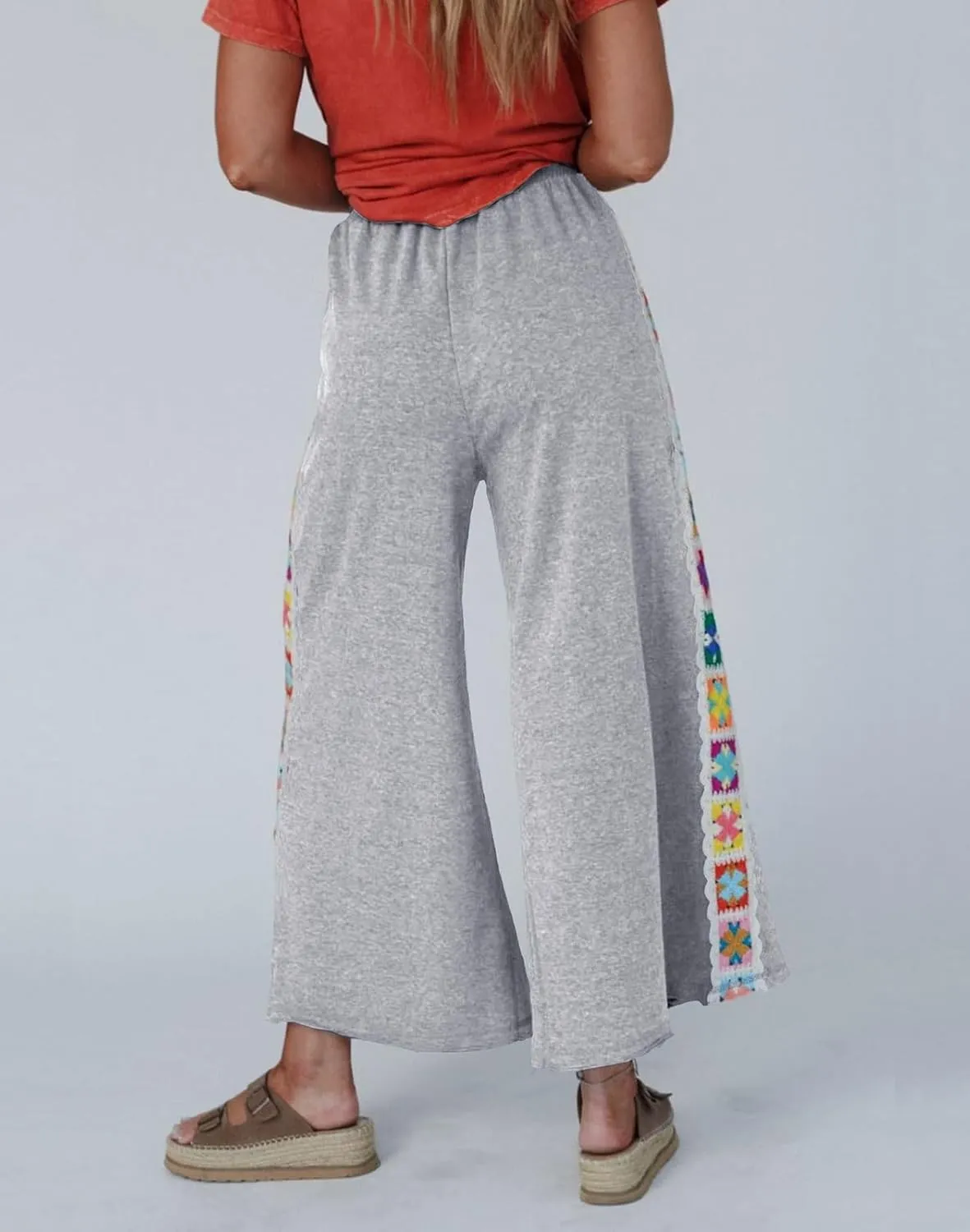 Womens Wide Leg Pants Casual Comfy Crochet Lounge Sweatpants Summer Beach Flowy Palazzo Pants with Pockets