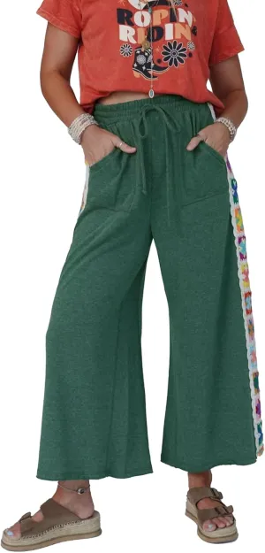 Womens Wide Leg Pants Casual Comfy Crochet Lounge Sweatpants Summer Beach Flowy Palazzo Pants with Pockets