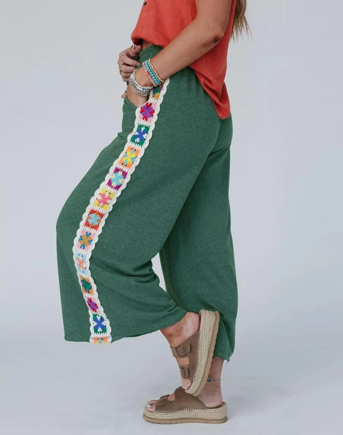 Womens Wide Leg Pants Casual Comfy Crochet Lounge Sweatpants Summer Beach Flowy Palazzo Pants with Pockets