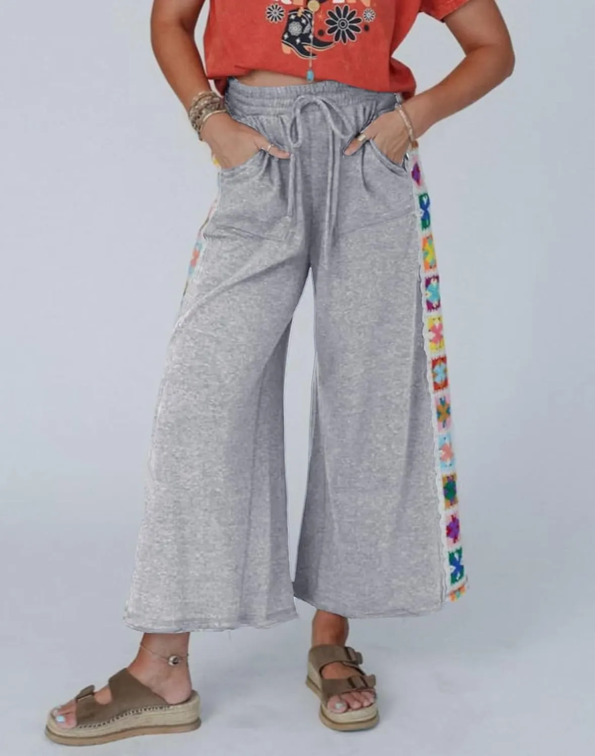 Womens Wide Leg Pants Casual Comfy Crochet Lounge Sweatpants Summer Beach Flowy Palazzo Pants with Pockets