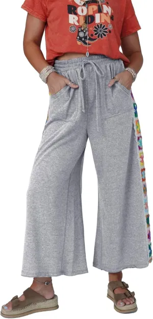 Womens Wide Leg Pants Casual Comfy Crochet Lounge Sweatpants Summer Beach Flowy Palazzo Pants with Pockets