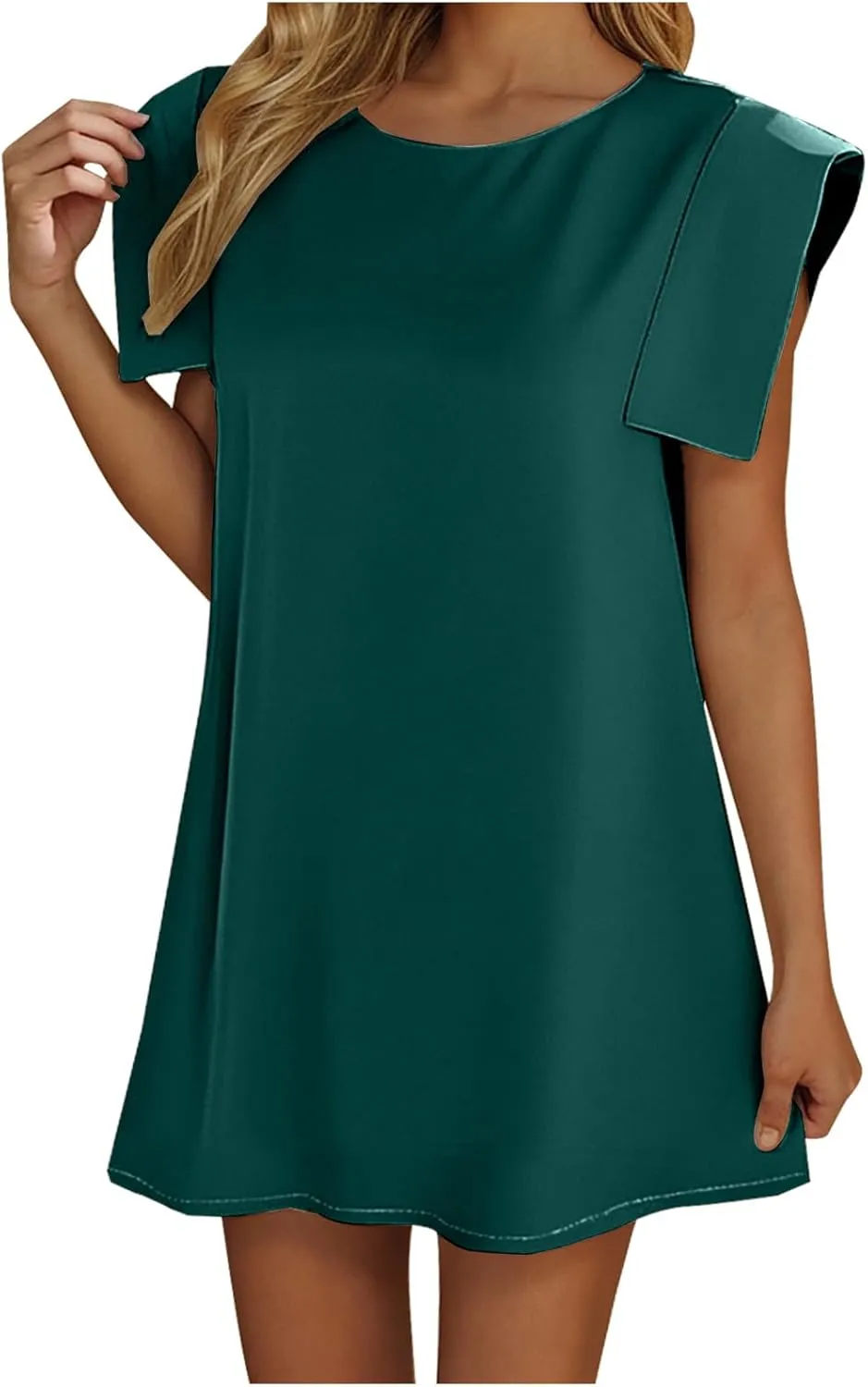 Work Dress for Women Round Neck Solid Color Sleeveless A-Line Casual Office Dresses Summer Mini T Shirt Dress