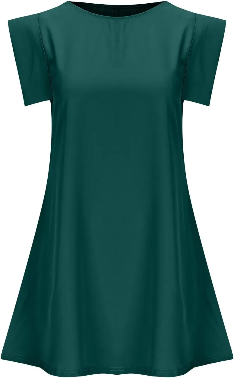 Work Dress for Women Round Neck Solid Color Sleeveless A-Line Casual Office Dresses Summer Mini T Shirt Dress