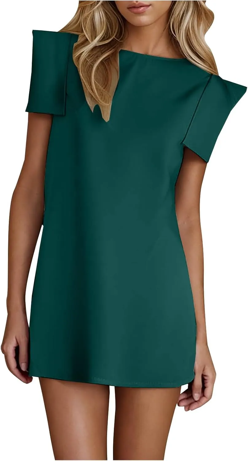 Work Dress for Women Round Neck Solid Color Sleeveless A-Line Casual Office Dresses Summer Mini T Shirt Dress