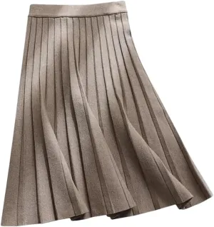 YTR6TW Women Winter Knitted Midi Skirt Elegant High Waist Pleated A-Line Long Skirt Spring Autumn Korean Skirt