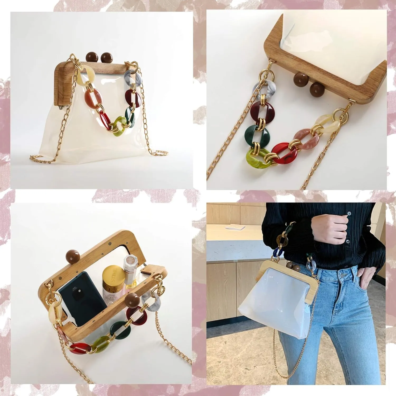 YUSHINY Women Transparent PVC Plastic Handbag Crossbody Durable Evening Bag with Removable Acrylic Curb Shoulder Strap