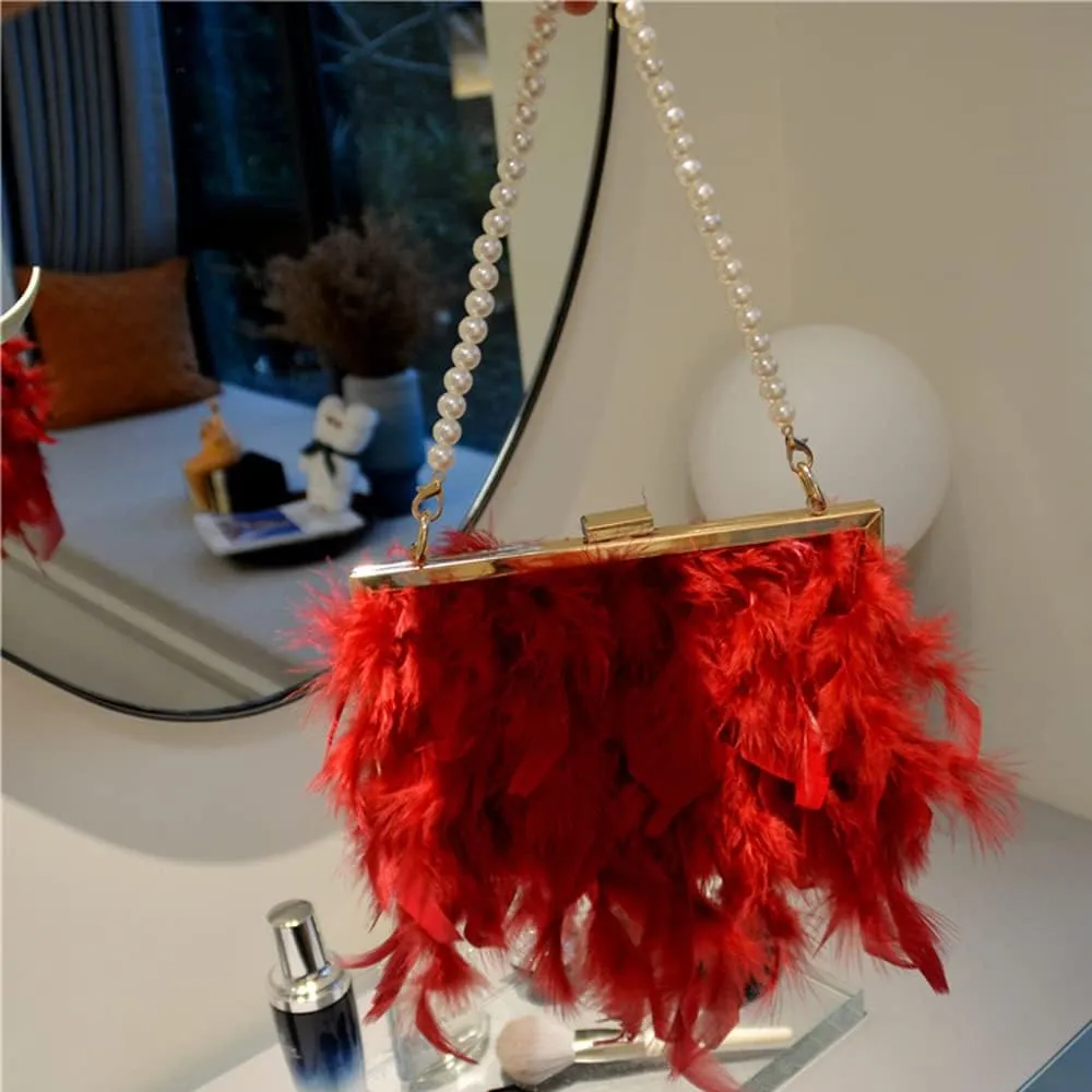 ZiMing Women Evening Handbags Natural Feather Clutch Purses Buckle Lock Wallet Formal Party Bags (Pearl Strap & Chain Strap)
