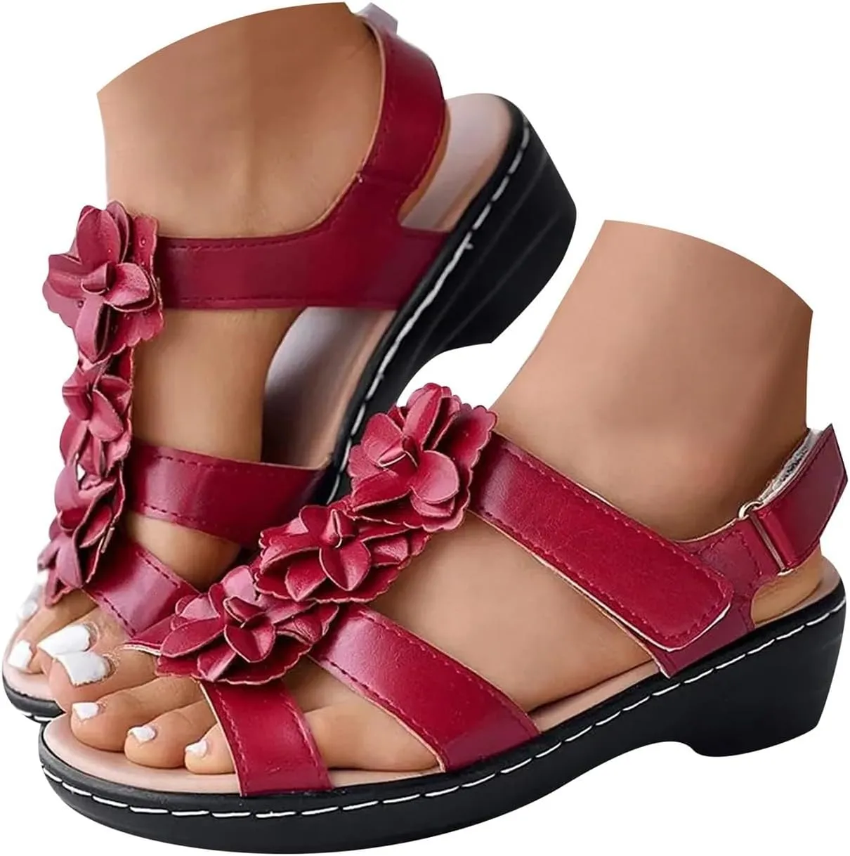 ZSpzx Women's Comfortable Arch Support Dressy Flat Sandals Open Toe Walking Shoes Summer Orthopedic Mid Heels Ankle Straps Flowers Hollow Out Low Heel Adjustable Sandal for Daily Wear
