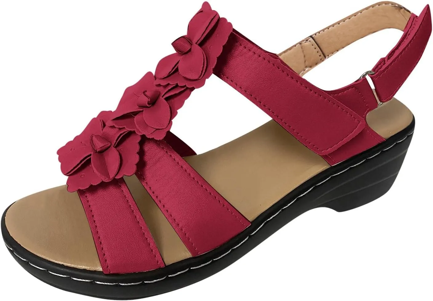 ZSpzx Women's Comfortable Arch Support Dressy Flat Sandals Open Toe Walking Shoes Summer Orthopedic Mid Heels Ankle Straps Flowers Hollow Out Low Heel Adjustable Sandal for Daily Wear