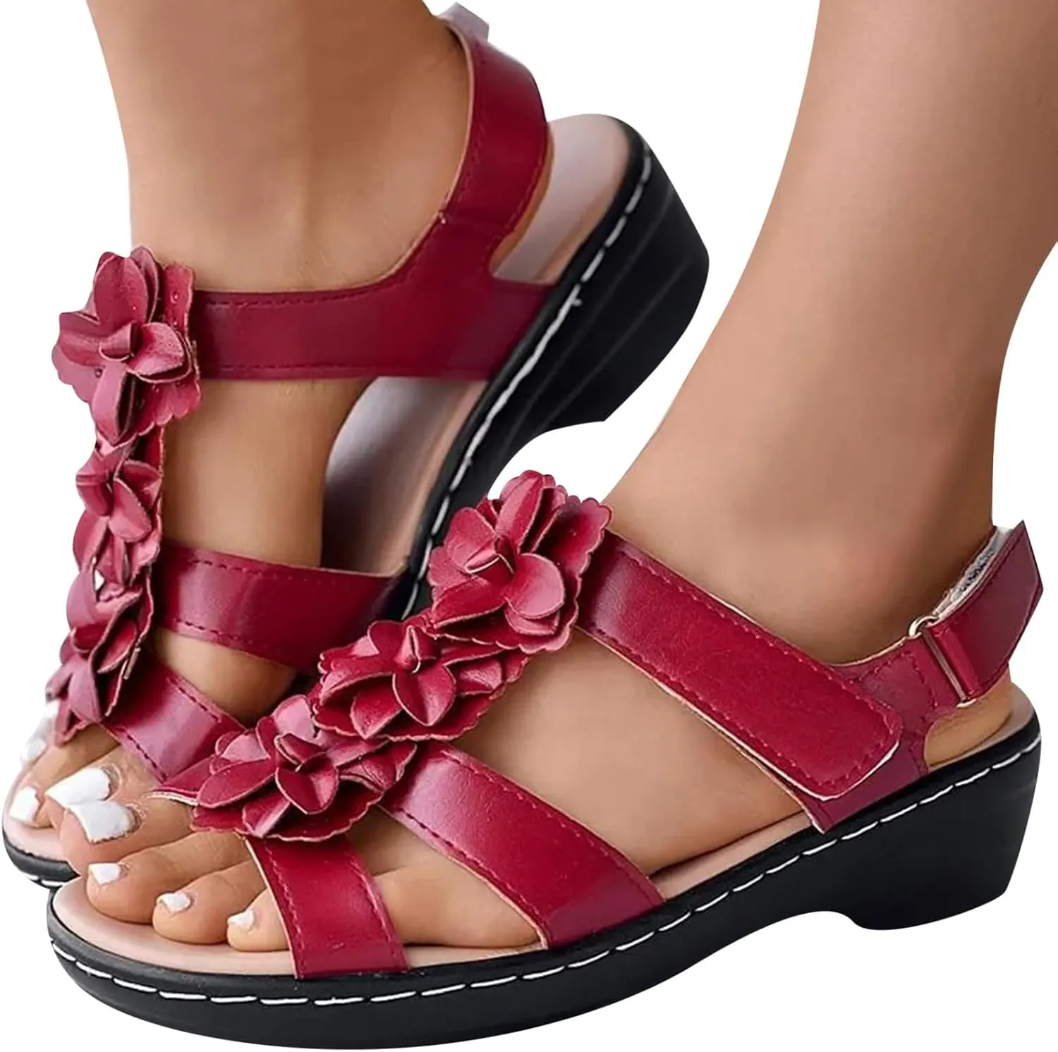 ZSpzx Women's Comfortable Arch Support Dressy Flat Sandals Open Toe Walking Shoes Summer Orthopedic Mid Heels Ankle Straps Flowers Hollow Out Low Heel Adjustable Sandal for Daily Wear