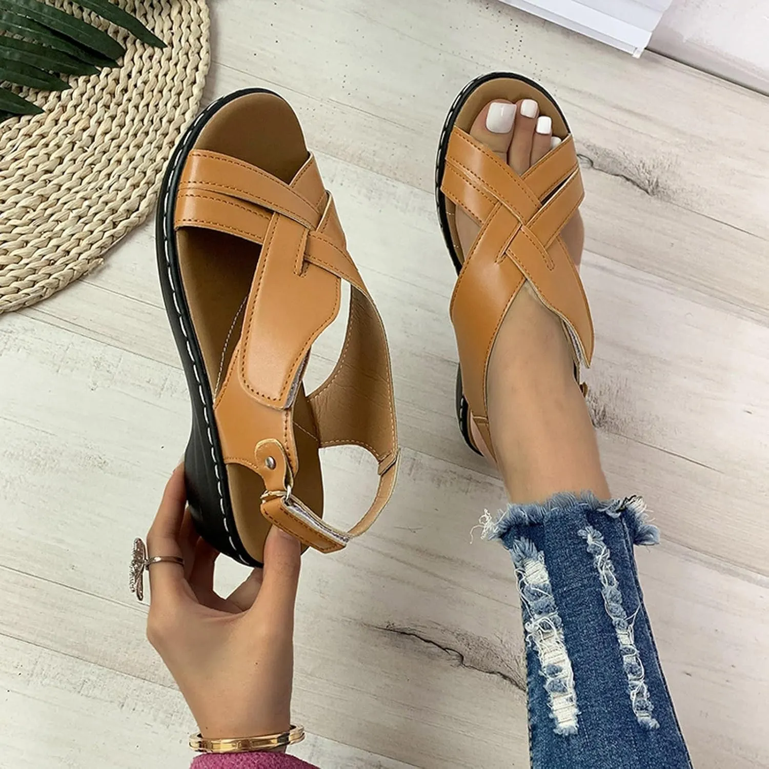 ZSpzx Women's Orthopedic Arch Support Sandals Comfortable for Women Foot Plantar Fasciitis Bunion Slide Open Toe Crisscross Straps Slip On Dressy Summer Adjustable Walking Casual Orthotic Beach Shoes