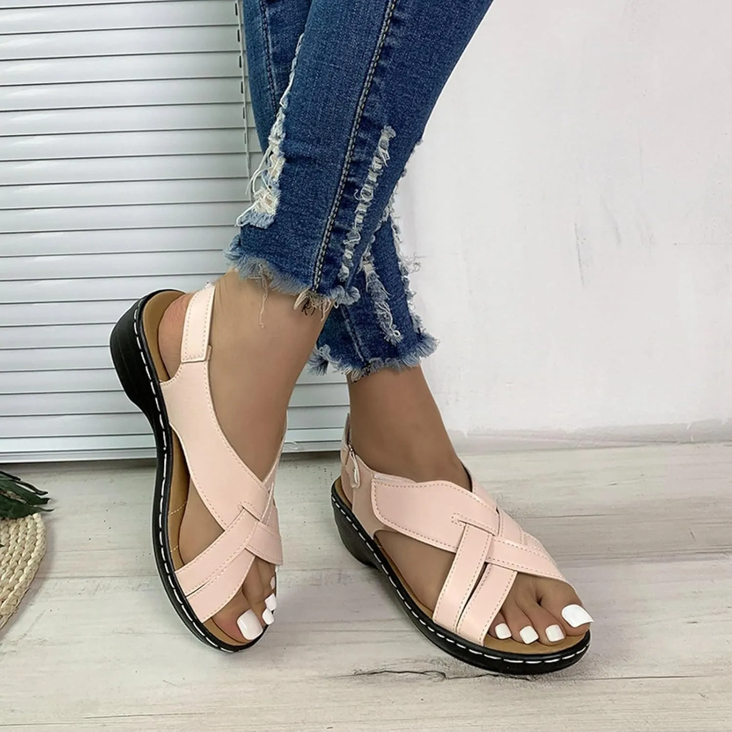 ZSpzx Women's Orthopedic Arch Support Sandals Comfortable for Women Foot Plantar Fasciitis Bunion Slide Open Toe Crisscross Straps Slip On Dressy Summer Adjustable Walking Casual Orthotic Beach Shoes