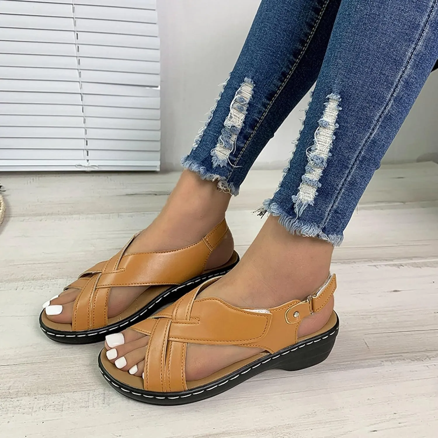 ZSpzx Women's Orthopedic Arch Support Sandals Comfortable for Women Foot Plantar Fasciitis Bunion Slide Open Toe Crisscross Straps Slip On Dressy Summer Adjustable Walking Casual Orthotic Beach Shoes