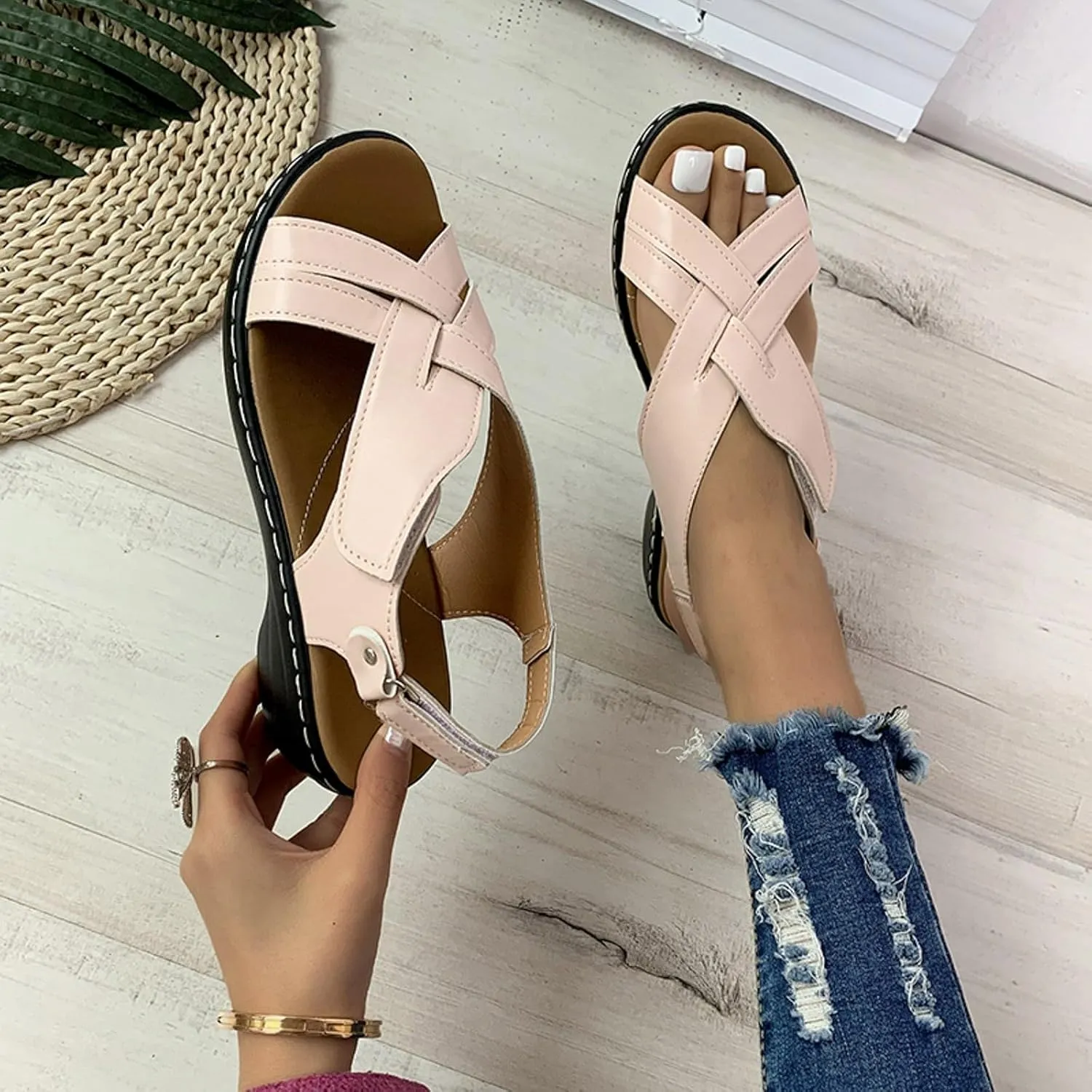 ZSpzx Women's Orthopedic Arch Support Sandals Comfortable for Women Foot Plantar Fasciitis Bunion Slide Open Toe Crisscross Straps Slip On Dressy Summer Adjustable Walking Casual Orthotic Beach Shoes