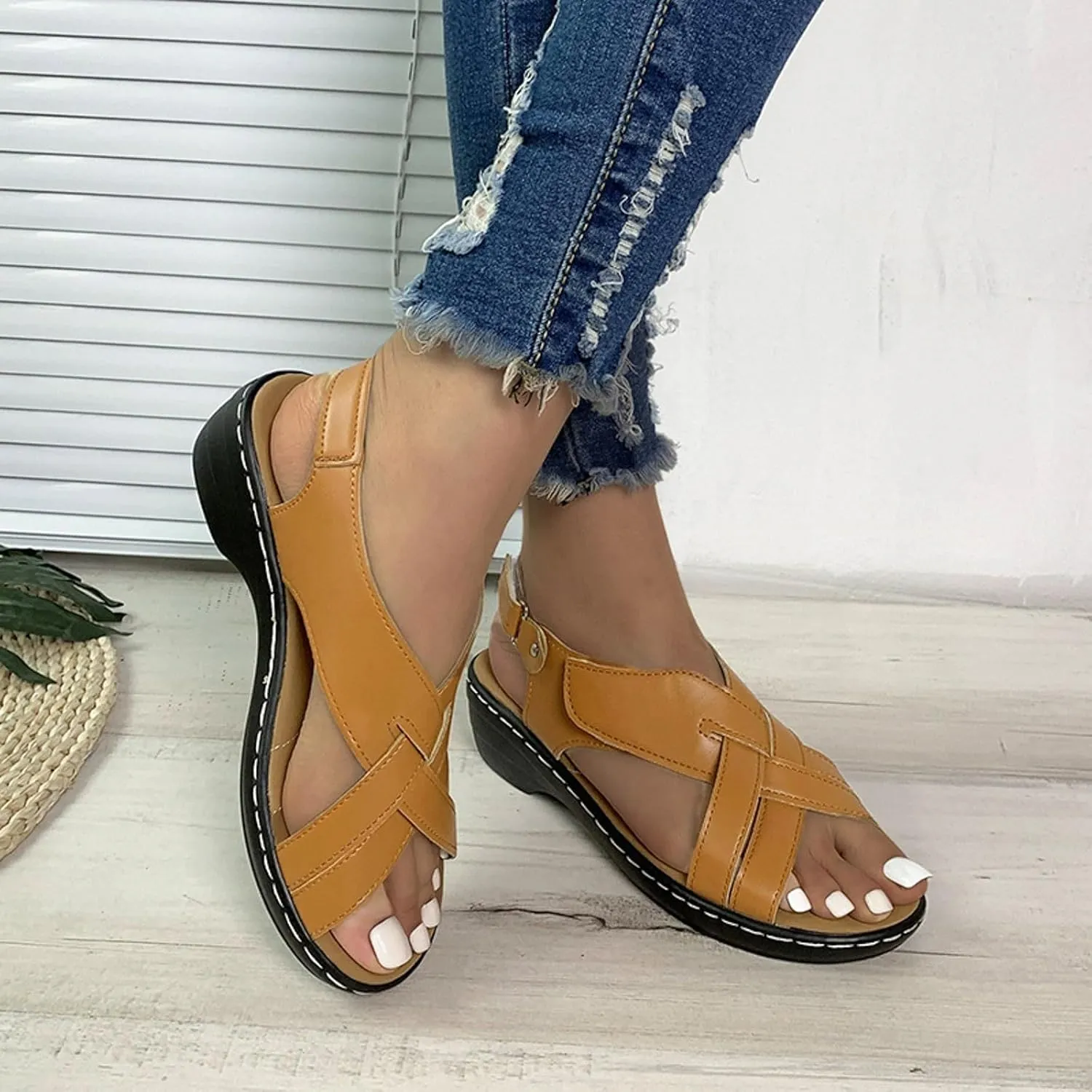 ZSpzx Women's Orthopedic Arch Support Sandals Comfortable for Women Foot Plantar Fasciitis Bunion Slide Open Toe Crisscross Straps Slip On Dressy Summer Adjustable Walking Casual Orthotic Beach Shoes