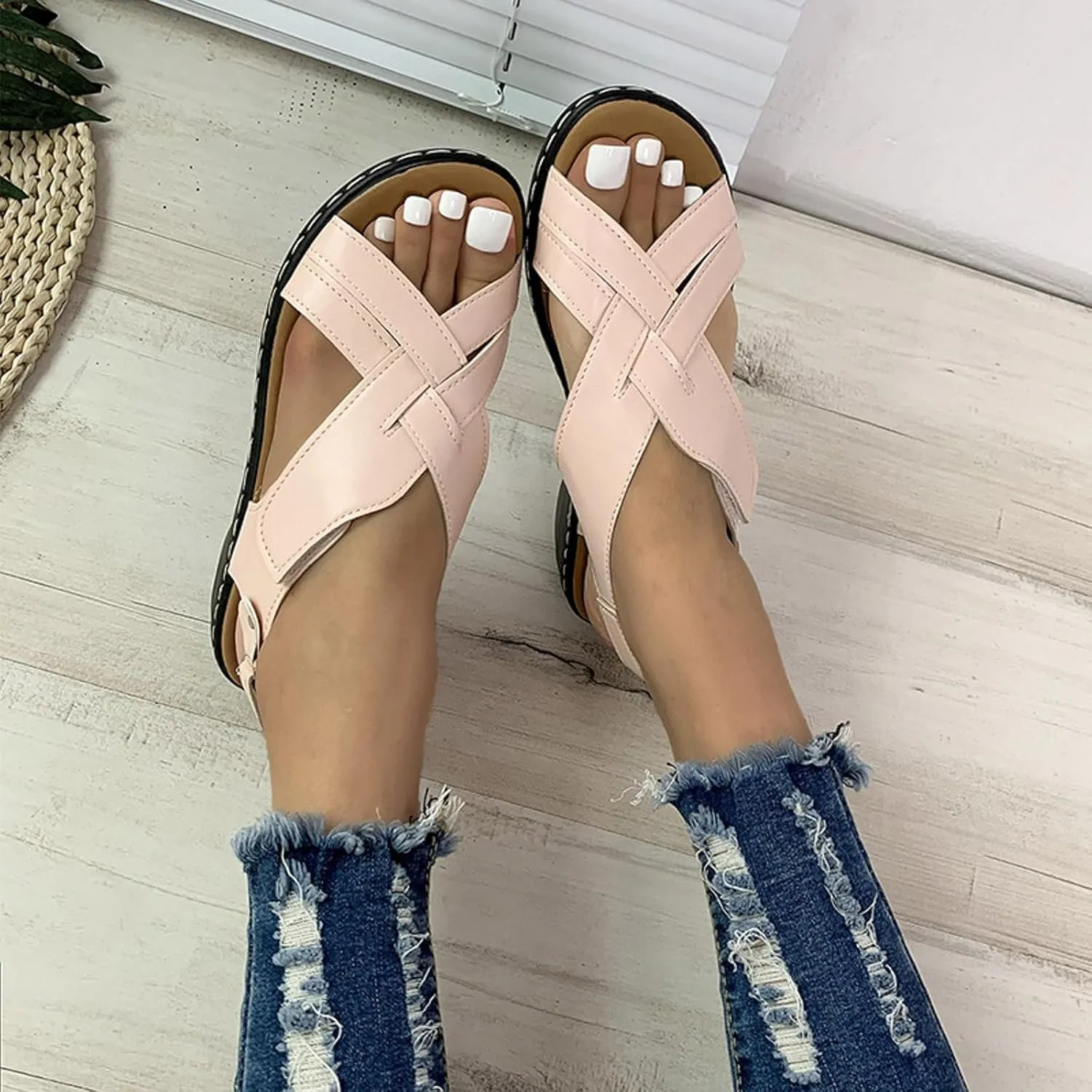 ZSpzx Women's Orthopedic Arch Support Sandals Comfortable for Women Foot Plantar Fasciitis Bunion Slide Open Toe Crisscross Straps Slip On Dressy Summer Adjustable Walking Casual Orthotic Beach Shoes