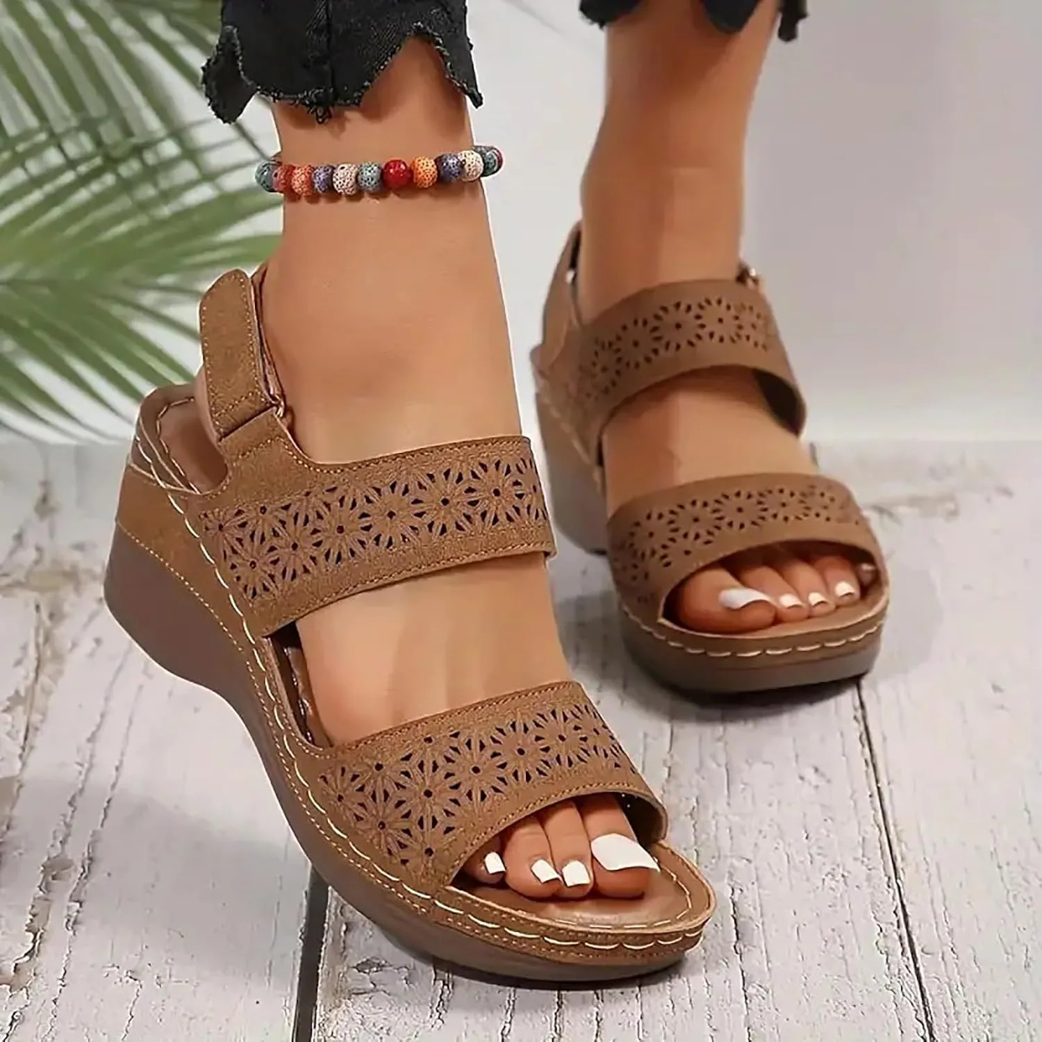 ZSpzx Women's Orthopedic Arch Support Sandals Comfortable for Women Wedge Slide Fish Mouth Adjustable Ankle Strap Summer Walking Hollow Out Casual Slip on Beach Plantar Fasciitis Outdoor Shoes